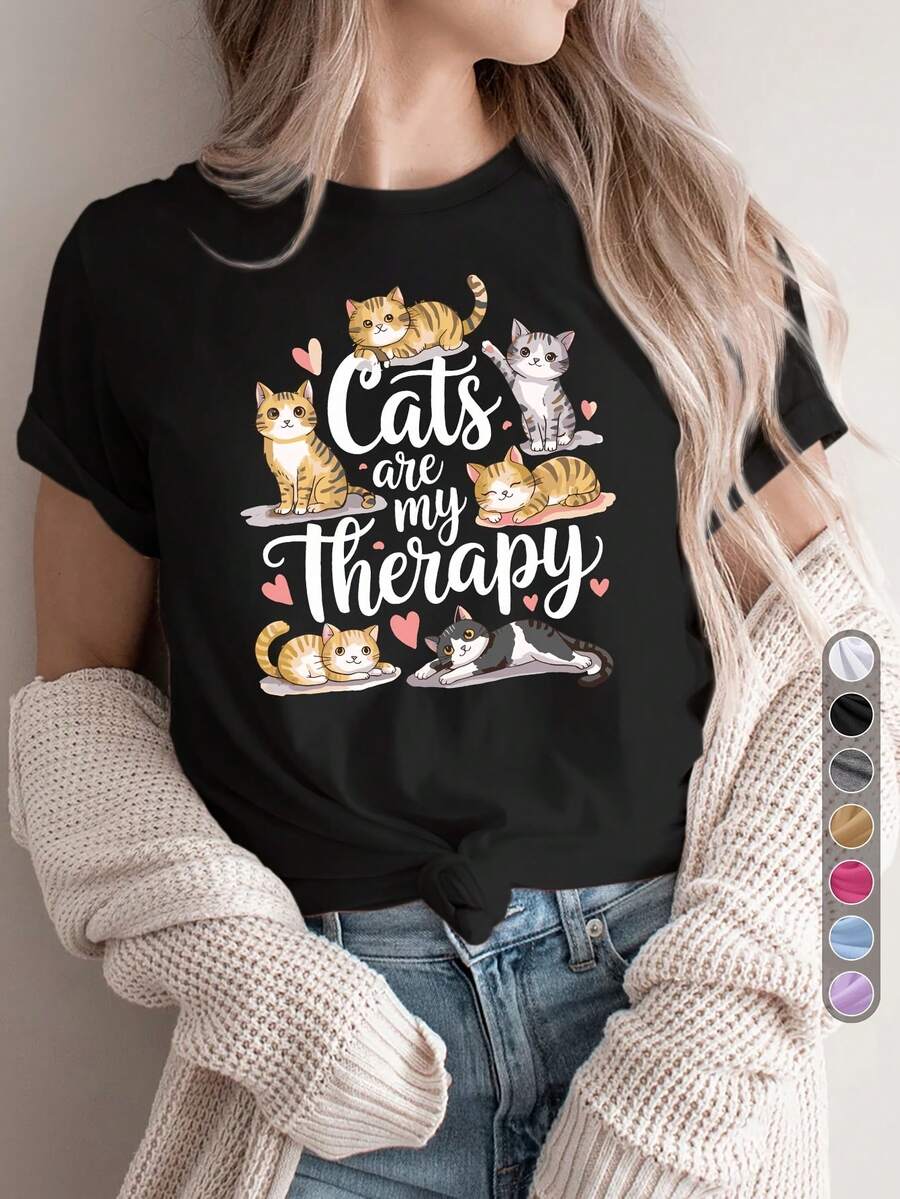 Women's Casual Sports T-Shirt, Round Neck T-Shirt, 'Cats Are My Therapy', Cat-Themed, Psychological, Casual Wear, Heart Design, Cat Therapy, Comfortable Top For All Seasons - 黑色 - 查看 1
