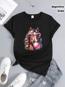 T-Shirt With A Cute Summer Horse Blowing Bubble Gum Print, Horse, Vintage, Fun, Fashionable, Design, T-Shirt Design, Sweatshirt, Image 1, Printed Pattern, T-Shirt, Casual Short-Sleeved Sports Top For Spring/Summer, Women's Clothing - 黑色 - 查看 1