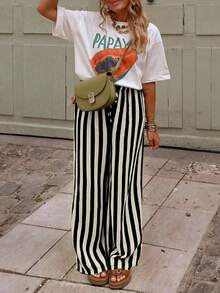 Casual Chic Minimalist Striped Textured Design Loose Fit Everyday Versatile Striped Pants Black - Black - View 4