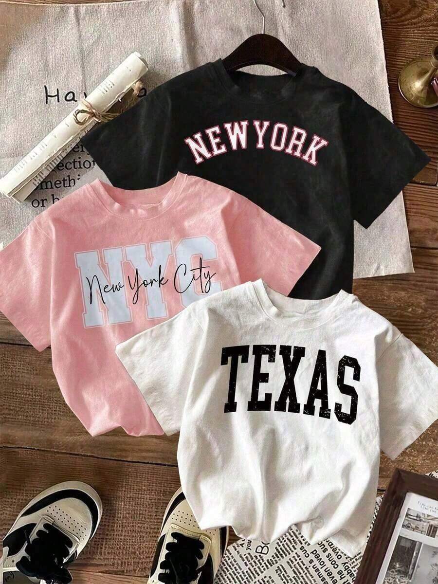1 Pack Women's T-Shirt, Round Neck, Short Sleeve, Graphic Print Of City Names NEW YORK NYC, TEXAS, American Design, Urban Style, Modern Youthful Design, American Style, Modern Urban Design, Round Neck, Short Sleeve, Spring/Summer, Everyday Wear - 彩色 - 查看 1