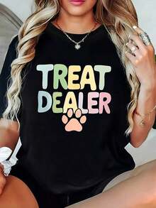 Women's T-Shirt With Dog Paw Print "Treat Dealer" - Casual Short Sleeve Crew Neck Top, Soft, With Pet Dealer Slogan, Suitable For All Seasons, For Dog Lovers, Vet Visits And Casual Wear ('s Blouses > Clothing - 黑色 - 查看 7