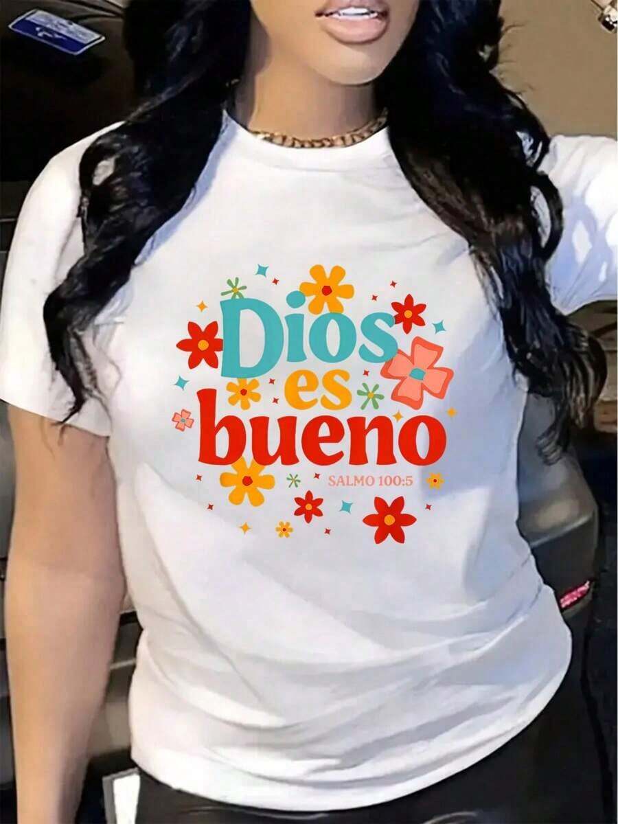 Camiseta de manga corta para mujer, elegante y suave, con estampado floral y de letras - Diseño "Dios Es Bueno" en colores vibrantes, cuello redondo informal para primavera/verano/otoño, patrón floral divertido, lavable a máquina, ajuste cómodo, camiseta de uso casual. | Camisa de colores vibrantes | Camiseta de ajuste cómodo de manga corta, camisetas de mujer, camiseta estampada, camisetas estampadas para mujer, camiseta de verano, camiseta casual, camisetas de verano, tops, conjuntos de verano para mujer, camiseta casual cómoda de manga corta con cuello redondo, blusas elegantes para dama. - Blanco - Ver 1