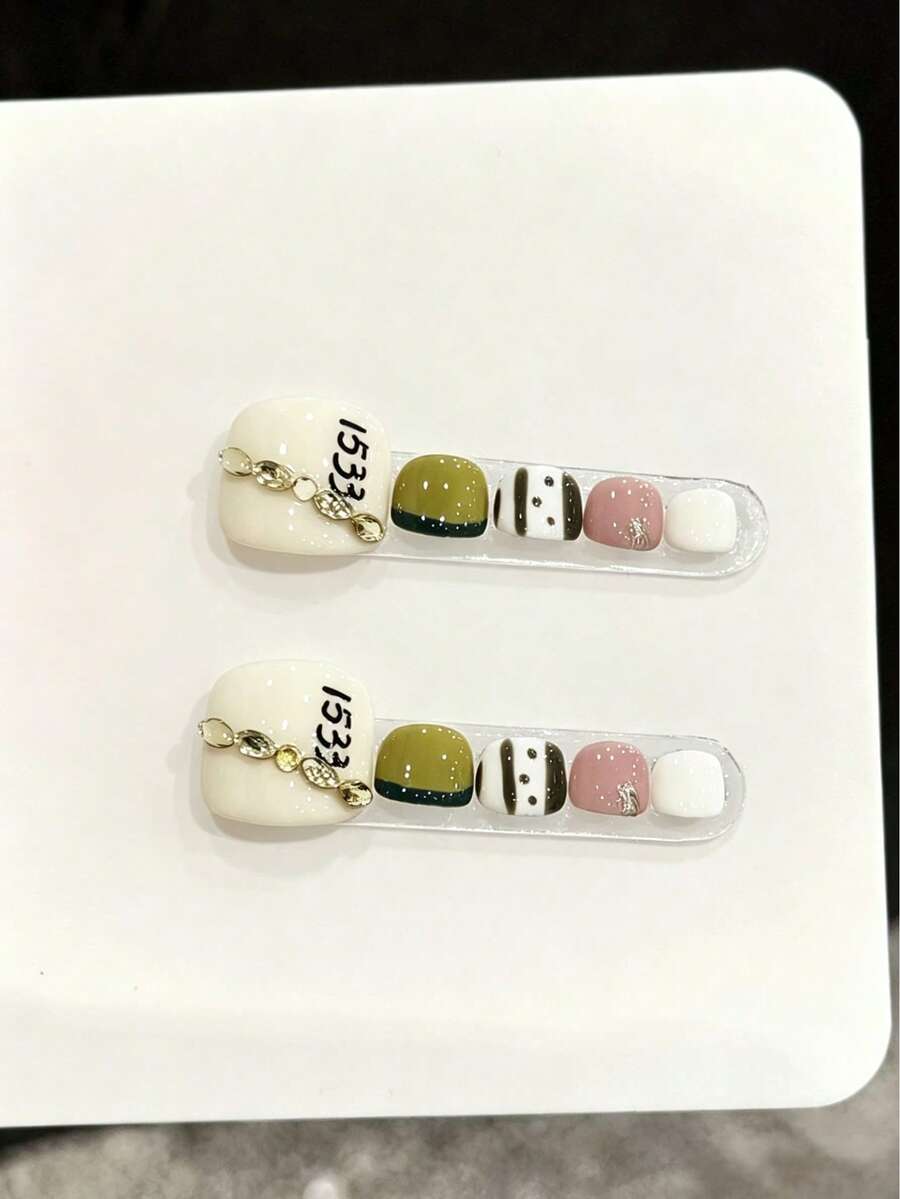 10片手工穿戴式腳趾甲貼，易佩戴，適合女孩與女性，適用派對、日常穿著、節慶、音樂節，情人節與母親節禮物，美甲貼 - 橄欖綠 - 查看 1