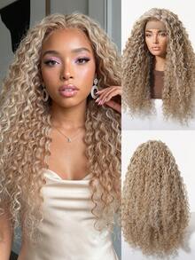 Tóc giả nữ 13x4 Lace Front 22 inch màu vàng tro highlight, tóc dài xoăn, sợi mềm chân thực chịu nhiệt, nhẹ thoáng khí, chống rối, thân thiện với da, phong cách thanh lịch cho đi làm văn phòng, tiệc tùng, sinh nhật, Giáng sinh, Halloween, quà tặng lễ hội - Làm nổi bật tóc vàng - Xem 2