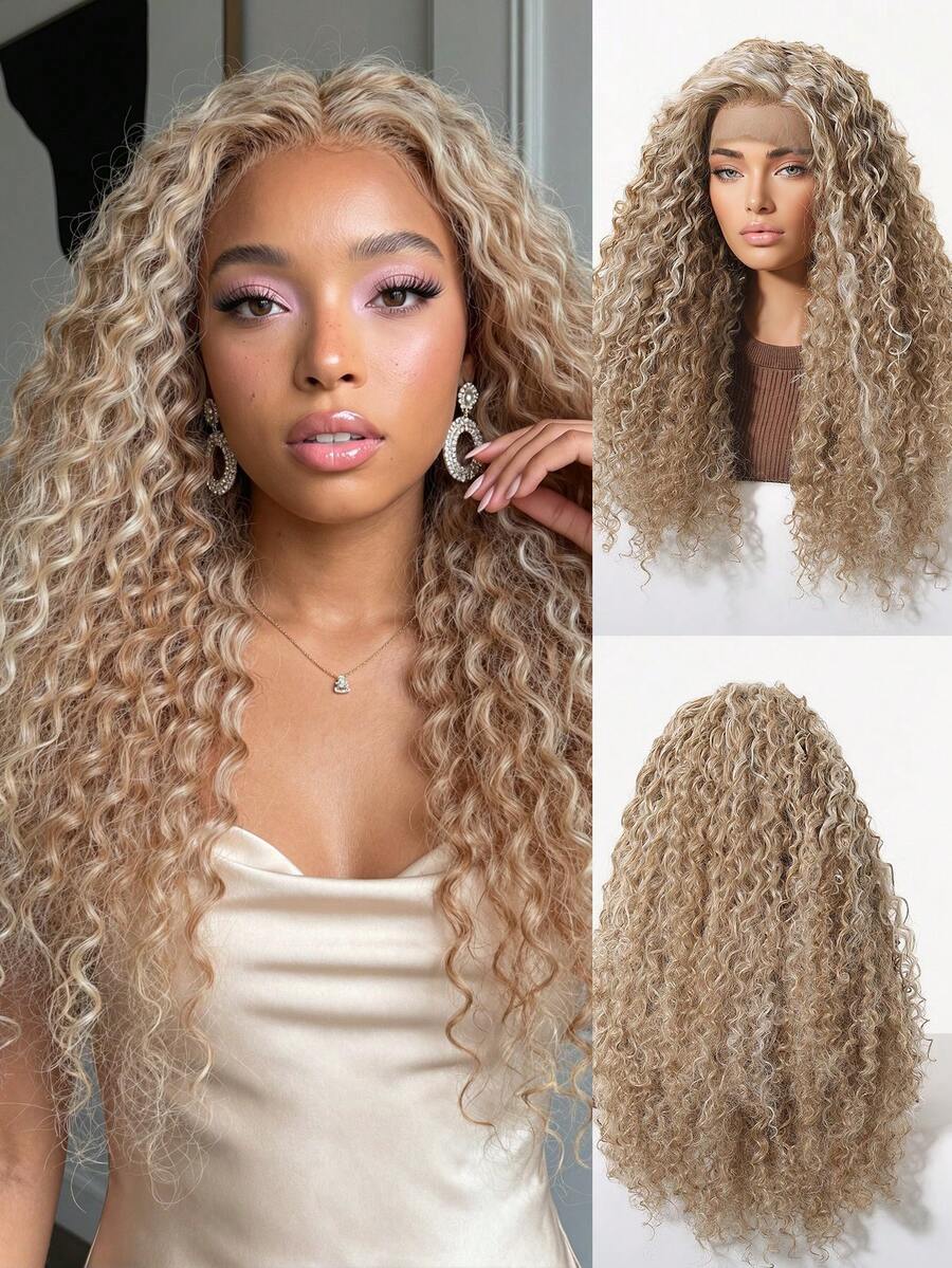 Tóc giả nữ 13x4 Lace Front 22 inch màu vàng tro highlight, tóc dài xoăn, sợi mềm chân thực chịu nhiệt, nhẹ thoáng khí, chống rối, thân thiện với da, phong cách thanh lịch cho đi làm văn phòng, tiệc tùng, sinh nhật, Giáng sinh, Halloween, quà tặng lễ hội