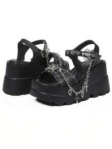 Platform Wedge Sandals For Women - Spider Web & Chain Decor Gothic Sandals For Punk Egirl & Festival Outfit - Black - View 11