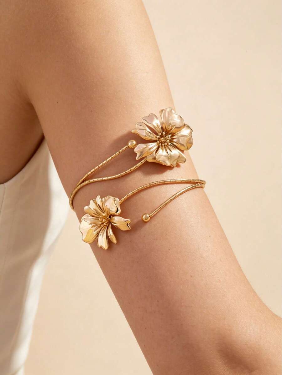 1pc Elegant Floral Decorative Bangle Bracelet, Suitable For Vacation - Gold - View 1