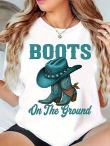 Women's Retro Western Graphic T-Shirt, Boots On The Ground Design, Short Sleeve T-Shirt, Cowboy Boots And Hat Design, Casual Short Sleeve Crew Neck T-Shirt With Vibrant Print For Casual And Themed Wear - 白色 - 查看 1