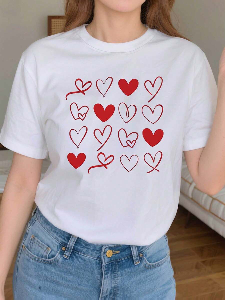 1 prenda de uso diario suave, estampado de corazones a rayas, camiseta casual de moda para mujer de talla grande con cuello redondo para primavera-verano, adecuada para uso diario, compras y reuniones, 180g, 100% algodón. - Blanco - Ver 1