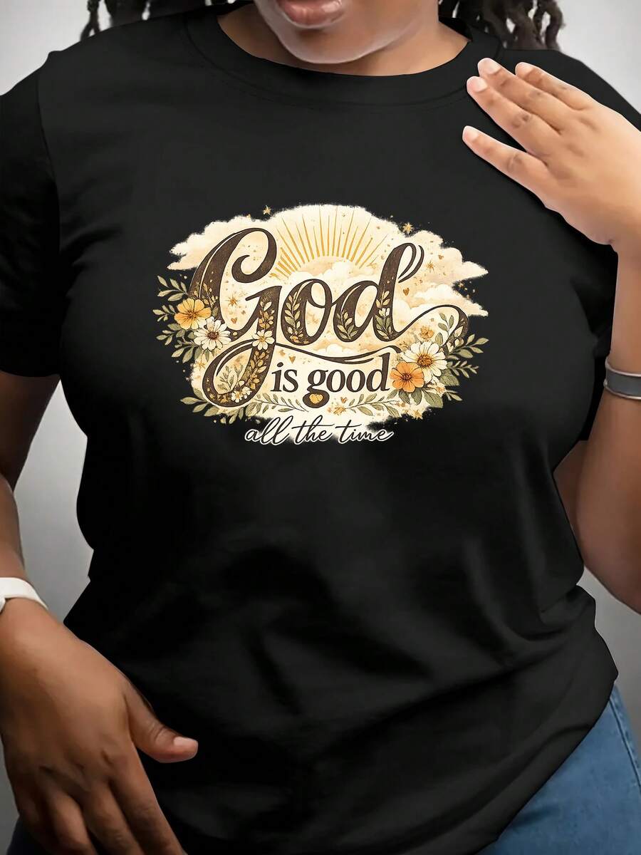 Camiseta estampada para mujer con gráfico floral en cursiva y texto motivador - Camiseta casual de manga corta y cuello redondo, corte relajado para todas las estaciones, perfecta para uso diario y conjuntos de vacaciones, lavable aáquina. - Negro - Ver 1