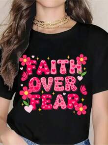 Women's T-Shirt, "Faith Over Fear" T-Shirt With Flowers And Hearts For Women, Cute Inspirational Graphic T-Shirt, Motivational Christian T-Shirt For Everyday Wear And Gift - 黑色 - 查看 7