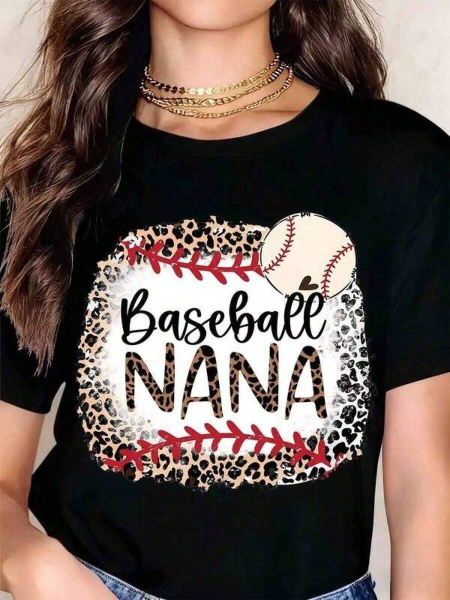 Leopard Baseball T-Shirt Nana, Baseball T-Shirt Nana, Leopard Baseball T-Shirt Nana, Baseball T-Shirt Nana, Leopard Baseball Unisex T-Shirt, Suitable For Casual Daily Outings, Short Sleeve Summer T-Shirt, Retro Y2K Print T-Shirt, Casual Printed T-Shirt For Women, Short Sleeve And Round Neck, Local Spring/Summer Urban Fashion. - 黑色 - 查看 1