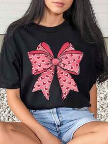 Women's T-Shirt With Bow And Hearts, Valentine's Day Design, Casual, Round Neck, Short Sleeve, Soft And Comfortable, 220g - 黑色 - 查看 6