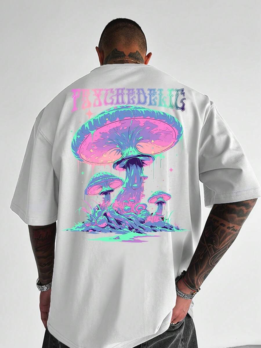 Men's Fashionable Print Crew Neck Short Sleeve T-Shirt, Plus Size, 2026, Featuring A Vibrant And Fantastic Mushroom And Letter Design – An Artistic Garment Ideal For Stylish Men To Wear To Exhibitions. - 白色 - 查看 1