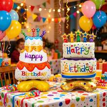 Set de 2 bases de pastel de diferentes tamaños con globos de aluminio, base pequeña con diseño de pastel de cumpleaños colorido, adecuado para decoración de fiestas de cumpleaños, aniversarios, Día de los Caídos, Año Nuevo y reuniones, globo decorativo con tema de cumpleaños - Pastel base - Ver 1