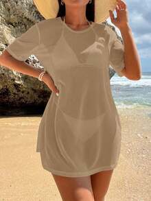 Vestido kaftan de mujer de unicolor con cuello redondo y manga corta, para usar en vacaciones - Caqui - Ver 1