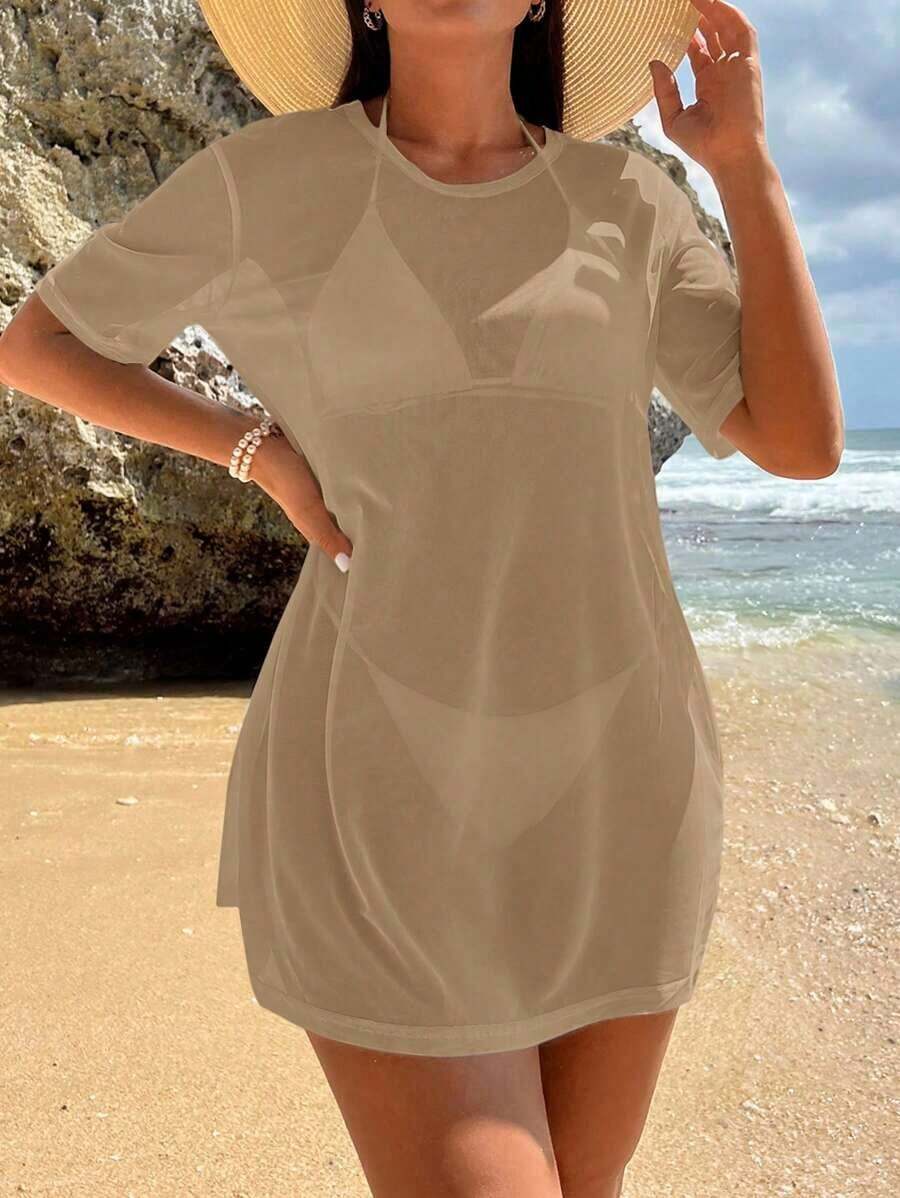 Vestido kaftan de mujer de unicolor con cuello redondo y manga corta, para usar en vacaciones - Caqui - Ver 1