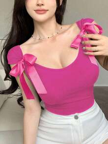 Camiseta de manga corta ceñida con lazo en la espalda para mujer, ideal para el verano - Rosa Fucsia - Ver 1