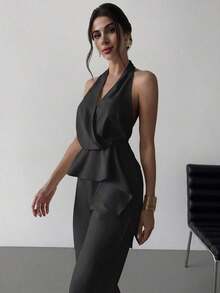 de dos piezas de top sin mangas con cuello en V asimétrico elegante y romántico, y pantalones rectos holgados de color caqui, adecuado para verano, playa, vacaciones - Gris Oscuro - Ver 4