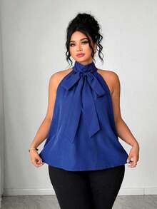 Blusa de mujer talla grande con cuello alto y lazo, elegante para uso al aire libre - Azul marino - Ver 1