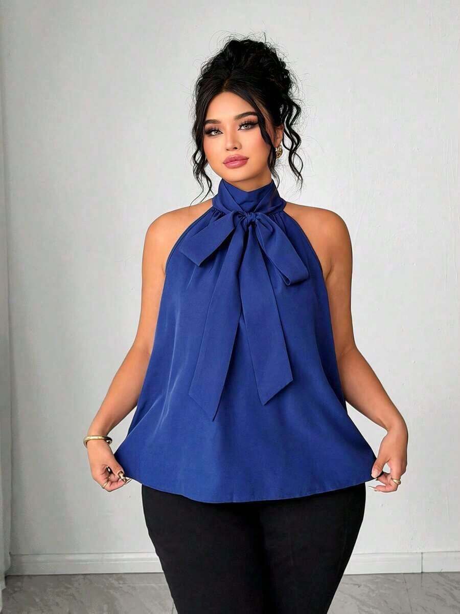 Blusa de mujer talla grande con cuello alto y lazo, elegante para uso al aire libre - Azul marino - Ver 1