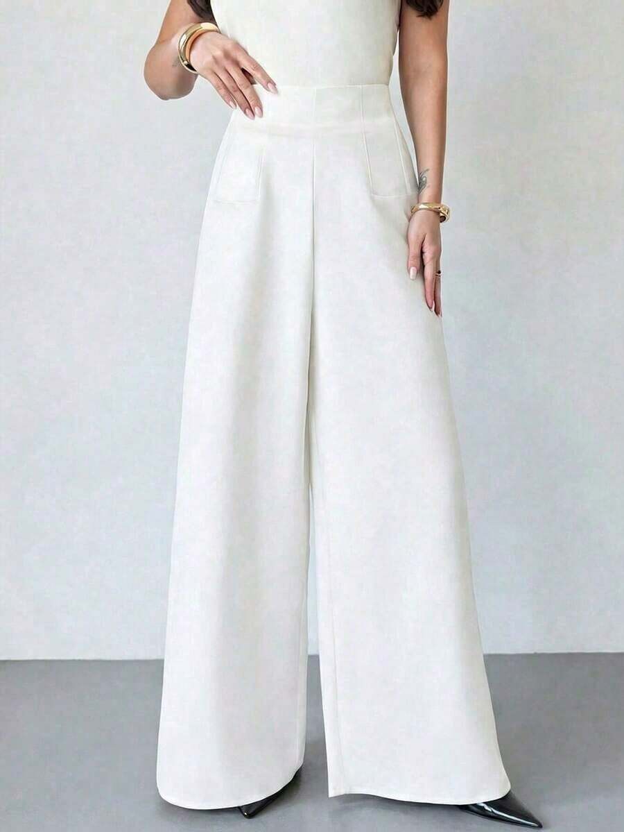 es texturizados de cintura alta y pierna ancha, casuales y elegantes, para volver a la escuela y al trabajo, para mujer - Blanco - Ver 1