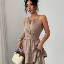 Vestido mini ajustado y acampanado sin mangas con lazo elegante y cuentas para mujer, color caqui, primavera/verano - Azul - Ver 5
