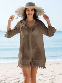 Swim Vcay Kimono cubrecuerpo para damas de un solo color con aplicaciones de encaje y botones delanteros - Café integral - Ver 4