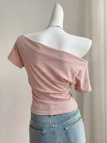 Camiseta de punto a rayas con hombros descubiertos para mujer - Rosa 2 - Ver 4
