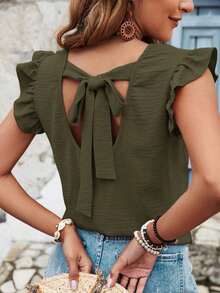 Blusa de verano para mujer con espalda cruzada, volantes y color sólido - Verde militar - Ver 5