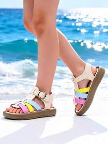 1 Pair Kids' Beige, Pink & Yellow Color Block Flat Sandals, PU Leather & Rubber Woven Color Block Design, Ankle Hook And Loop Closure, Round Toe, Non-Slip Breathable Sole, Sweet Casual Roman Style Sandals, Suitable For 3-12 Years Old Boys & Girls, Spring/Summer 2026 New Arrival - Multicolor - View 2