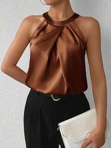 Privé Blusa de satén sin mangas con cuello de volantes de unicolor elegante para la oficina y el trabajo, color champán - Marrón - Ver 5