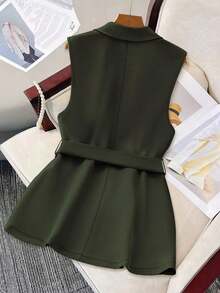 Chaqueta de chaleco casual y holgada de unicolor con solapa, para la temporada de otoño - Verde militar - Ver 2
