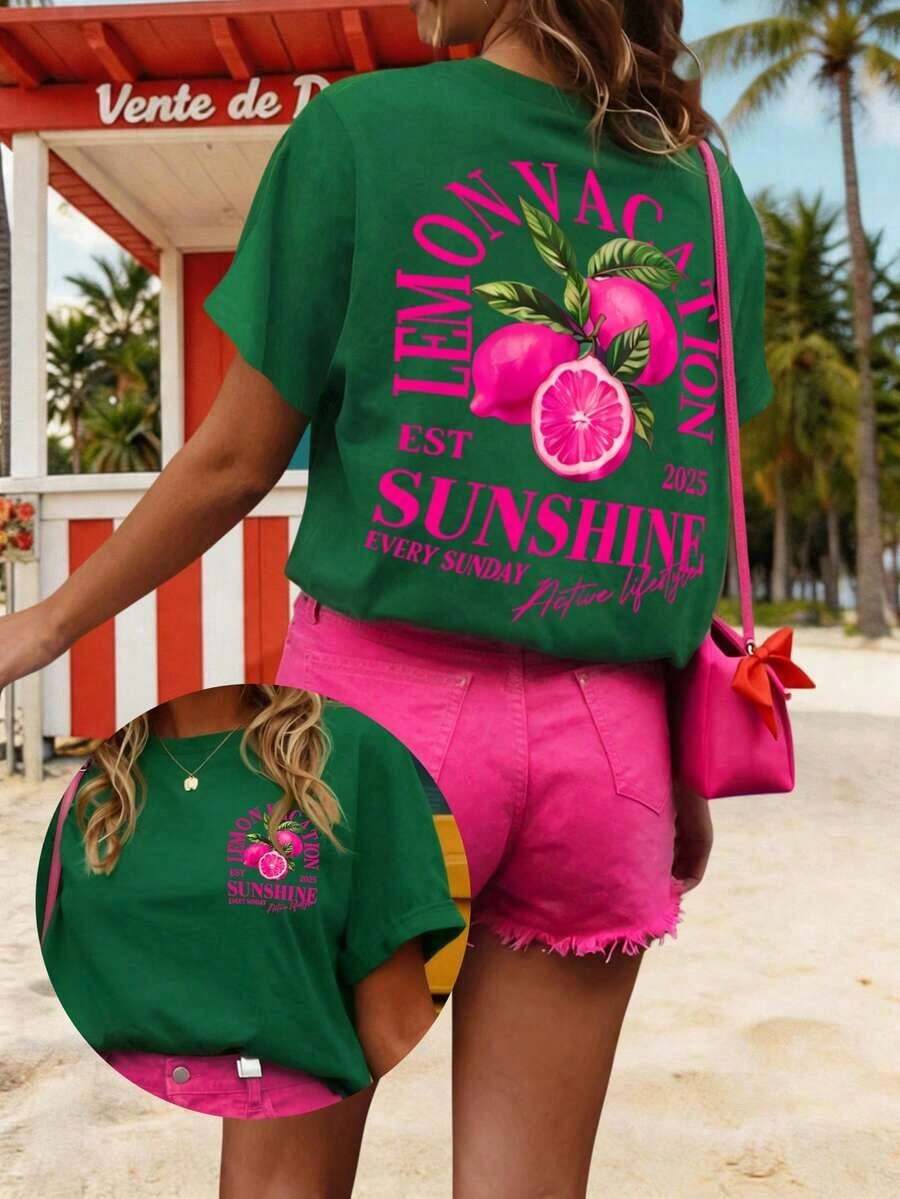 DrmWander Women's Graphic T-Shirt, Casual Short Sleeve Style, Cute Summer Top. Matching Sets For Women's Summer Outfits. Women's Spring Set. Women's Retro Set. Tropicoqueta Sets - 綠色 4 - 查看 1