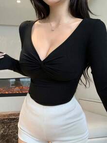 Camiseta de manga larga ajustada con cuello en V y nudo de mujer, informal - Negro - Ver 5