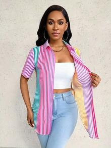 Camisa de mujer de manga corta, ajuste ceñido, con dobladillo curvo dividido, unicolor minimalista, para uso diario y casual en verano - Multicolor 2 - Ver 3
