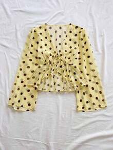 Blusa con escote en V, cintura ajustable con lazo, mangas acampanadas y fruncido en el dobladillo con detalle de volantes. - Multicolor - Ver 5