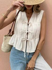Frenchy Camisa informal de mujer sin mangas con botones de unicolor para vacaciones - Albaricoque - Ver 5