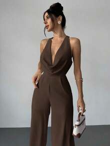 s anchos de pierna blanca con cintura ceñida, escote profundo en V y espalda descubierta, elegantes y modernos, apropiados para ir al trabajo, citas románticas, fiestas sexys, vacaciones en la playa, festivales, San Valentín, temporada de - Café integral - Ver 5