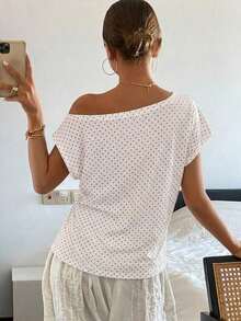 Camiseta de manga corta ajustada con hombros descubiertos y fruncidos a rayas para mujeres - Blanco 2 - Ver 2