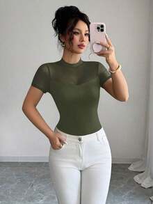Camiseta de mujer de manga corta con cuello redondo, color liso, efecto transparente y parches, versátil para el verano de 2025 - Verde militar - Ver 3