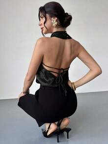 Blusa de satén dorado con cuello de tortuga y espalda de halter, elegante y casual para ir al trabajo/Look de Año Nuevo/Blusa sexy/Blusa brillante/Blusa para fiesta/Blusa de estilo "Old Money"/Blusa dorada - Negro - Ver 5