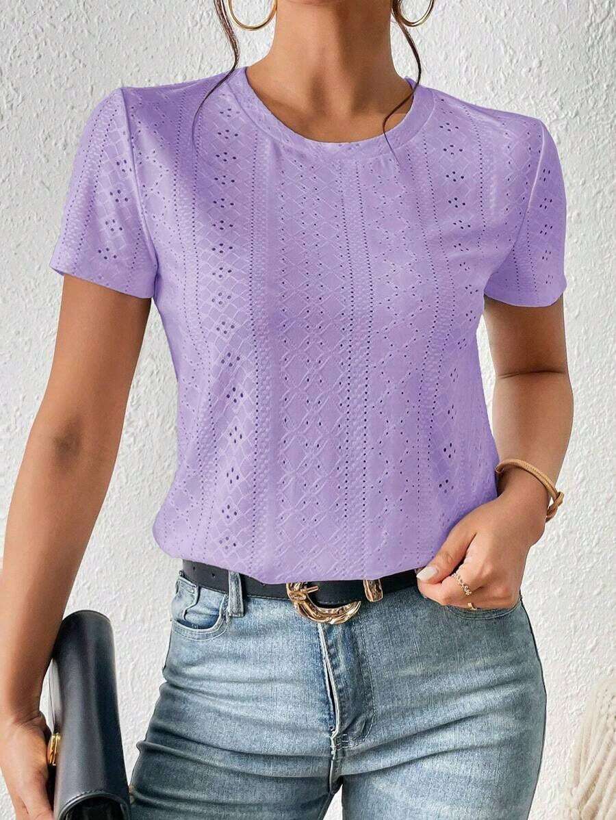 Camiseta blanca de cuello redondo con bordado de ojales, minimalista para ir a la oficina, estilo antiguo y sencillo - Morado - Ver 1