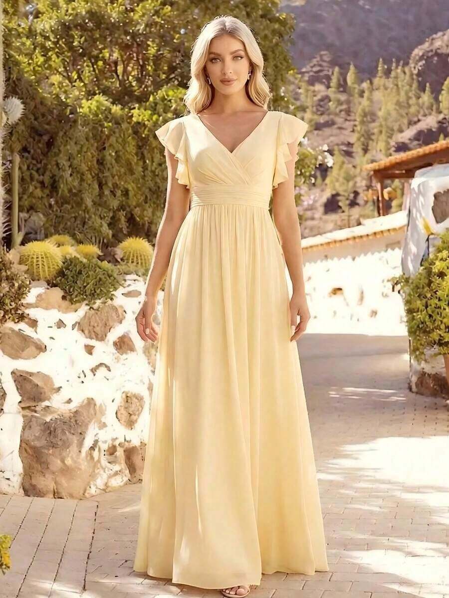 Vestido de dama de honor de gasa, diseño con escote en V plisado de manga corta, espalda abierta drapeada y bajo asimétrico, adecuado para bodas, uso vacacional, vestido de madre de la novia en primavera - Amarillo - Ver 1