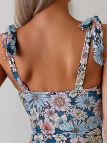 Swim Basics 1 pieza Traje de baño de una sola pieza con estampado sólido y floral y tirantes de espagueti anudados para mujer - Multicolor 3 - Ver 3