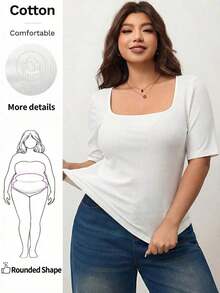 Camiseta de manga corta de cuello cuadrado de ajuste ceñido y elástica para mujer de talla grande, camiseta primavera y verano amigable con la piel, compatible con curvas redondeadas del Body, compatible con la forma del Body redondeada de Apple/20 - Blanco 2 - Ver 8