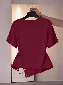 Camiseta de manga corta de talla grande para mujer, de unicolor, con dobladillo asimétrico, para uso diario y casual - Burdeos - Ver 2