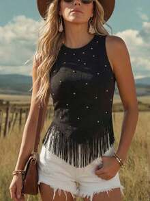 Top corto con flecos y tachuelas de estilo bohemio y western para festivales de música de verano, conciertos occidentales y raves europeas de verano para mujeres - Negro - Ver 4