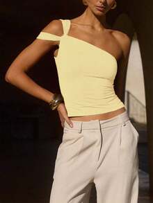 Nueva llegada Estilo europeo y estadounidense Mujer sin mangas Diseño asimétrico Ajustado Blusa elegante, Blusa sexy que realza la figura Casual de verano - Amarillo - Ver 6