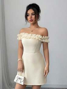 Vestido romántico con hombros descubiertos y volantes en la cintura para mujeres - Albaricoque - Ver 8